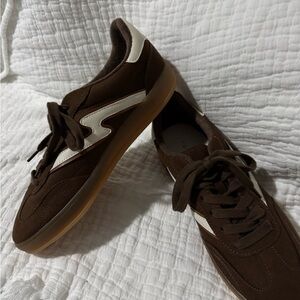 Madden Girl Brown Suede Sneakers with Cream Stripe
